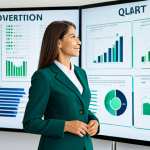 A professional female analyst in a modest business suit, standing confidently in a modern, sophisticated office. Behind her, abstract digital displays glow with interconnected visual representations: one showing green energy and clean environment elements (environmental factor), another depicting diverse community figures and collaborative gestures (social factor), and a third illustrating a clear organizational chart with balanced scales (governance factor). The scene is well-lit, emphasizing innovation and ethical foresight. Fully clothed, appropriate attire, safe for work, perfect anatomy, natural proportions, well-formed hands, professional photography, high quality.