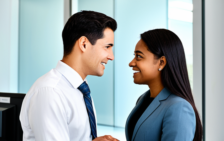 A professional customer service representative, fully clothed in a modest business suit, engages in an empathetic conversation with a diverse customer, who is also in appropriate, modest attire, within a modern and brightly lit customer service center. The representative demonstrates active listening with a warm, understanding expression and natural pose, fostering genuine human connection. The scene highlights thoughtful interaction and professional communication. The image features perfect anatomy, correct proportions, well-formed hands, and proper finger count. This is safe for work, appropriate content, and family-friendly.