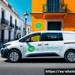 지속가능한 물류 관리 기법 - A modern urban delivery scene in a vibrant Spanish city, featuring electric cargo vans with eco-frie...