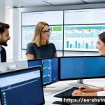 지속가능한 공급망 관리의 중요성 - A modern sustainable supply chain control room with diverse professionals monitoring multiple digita...