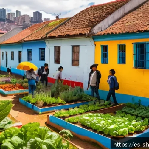지속가능한 사회 혁신의 필요성 - A vibrant urban community garden in a colorful Bogotá neighborhood, with diverse groups of people pl...