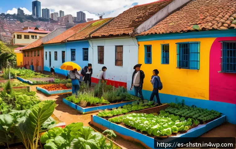 지속가능한 사회 혁신의 필요성 - A vibrant urban community garden in a colorful Bogotá neighborhood, with diverse groups of people pl...