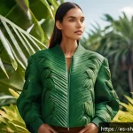 지속가능한 패션 산업의 변화 - A stylish eco-friendly fashion photoshoot featuring a female model wearing a modern jacket and handb...