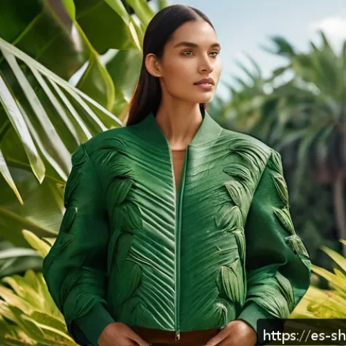 지속가능한 패션 산업의 변화 - A stylish eco-friendly fashion photoshoot featuring a female model wearing a modern jacket and handb...