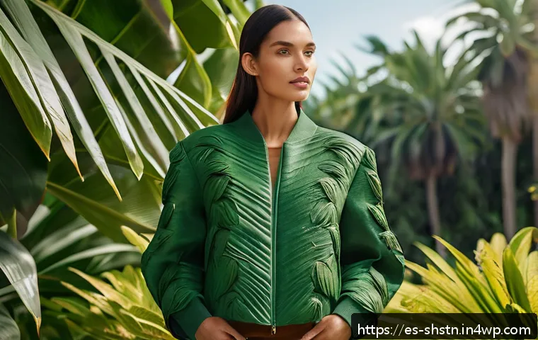 지속가능한 패션 산업의 변화 - A stylish eco-friendly fashion photoshoot featuring a female model wearing a modern jacket and handb...