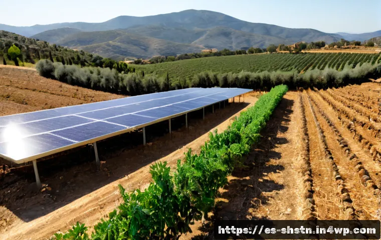 지속가능한 농업의 글로벌 동향 - Photorealistic wide view of a sustainable agricultural cooperative in rural Spain, solar panels besi...